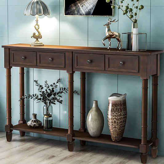 Retro Console Table Sofa Table for Entryway with Drawers and Shelf Living Room Table (Antique Navy)