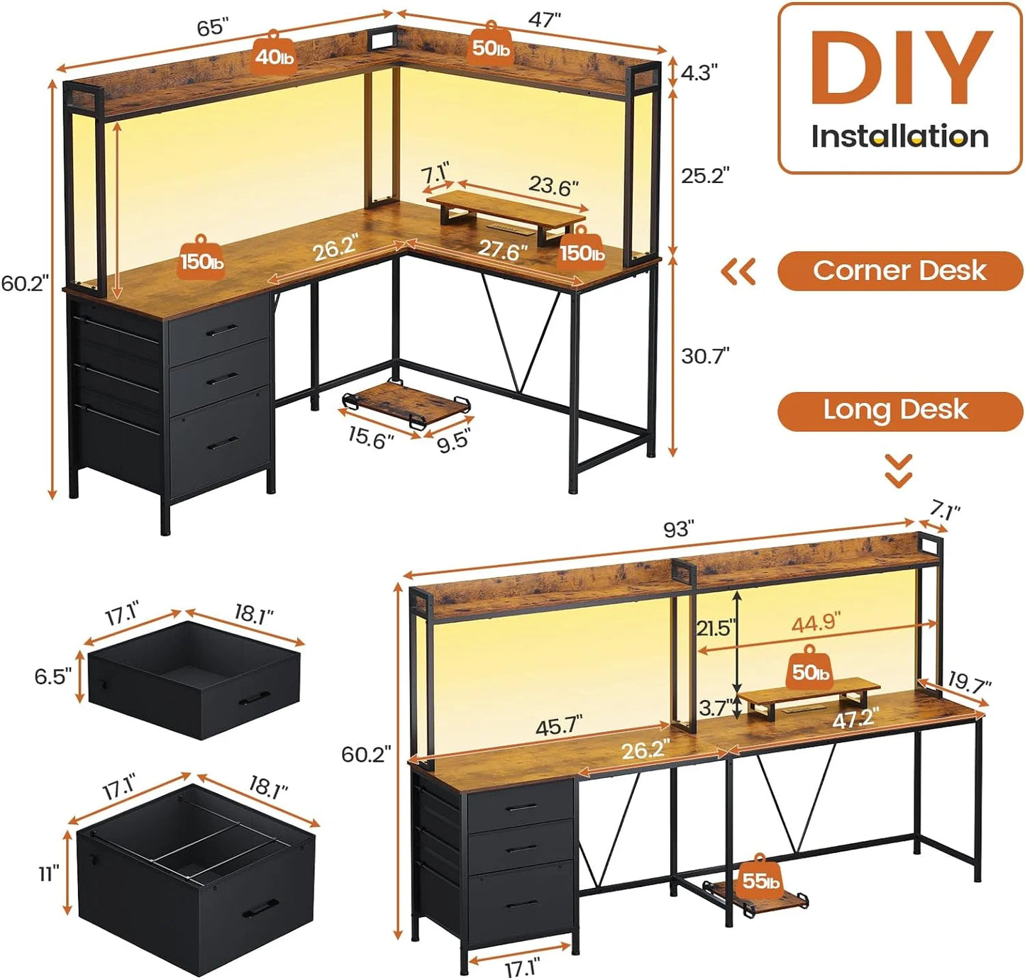 Rustic Brown L Shaped Computer Desk with Hutch, Reversible Corner Home Office Desks with Power Outlet & LED Strip,3 Drawers and Storage Shelves