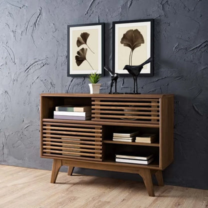 Render Modern Style Particleboard Wood Display Stand in Walnut