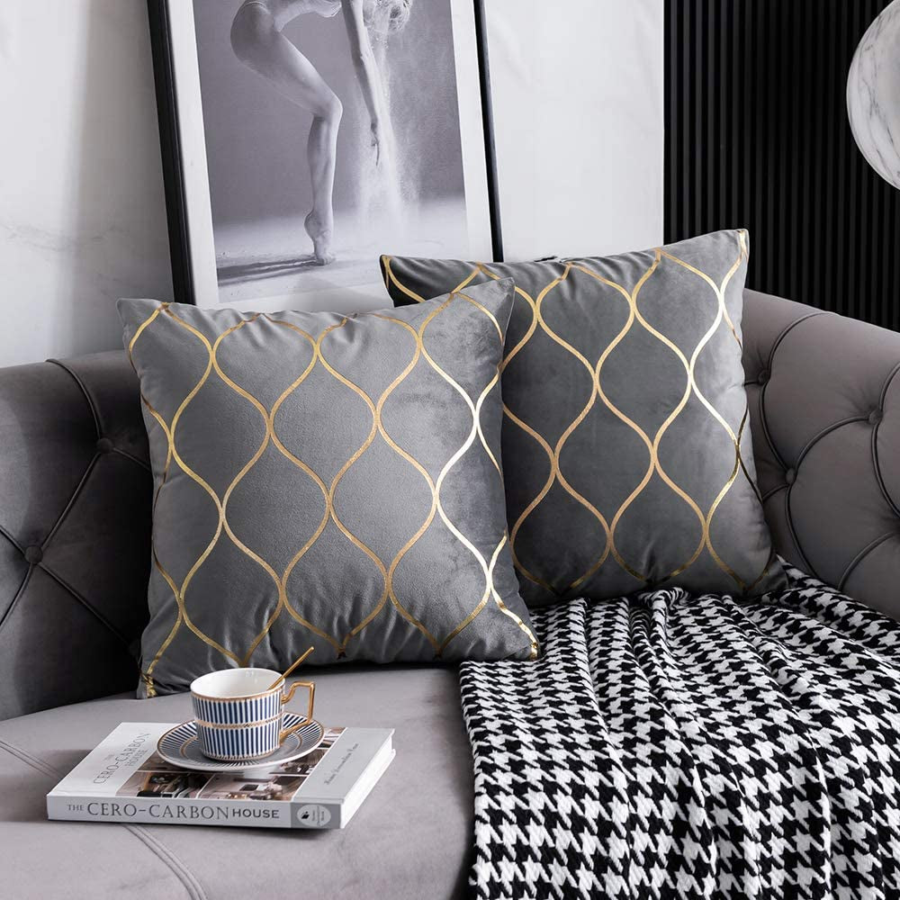 Gold Velvet Throw Pillow Covers: 2 Pack 18X18 Inch Square Decorative Pillow Cases for Bedroom Sofa Couch Living Room, Light Grey