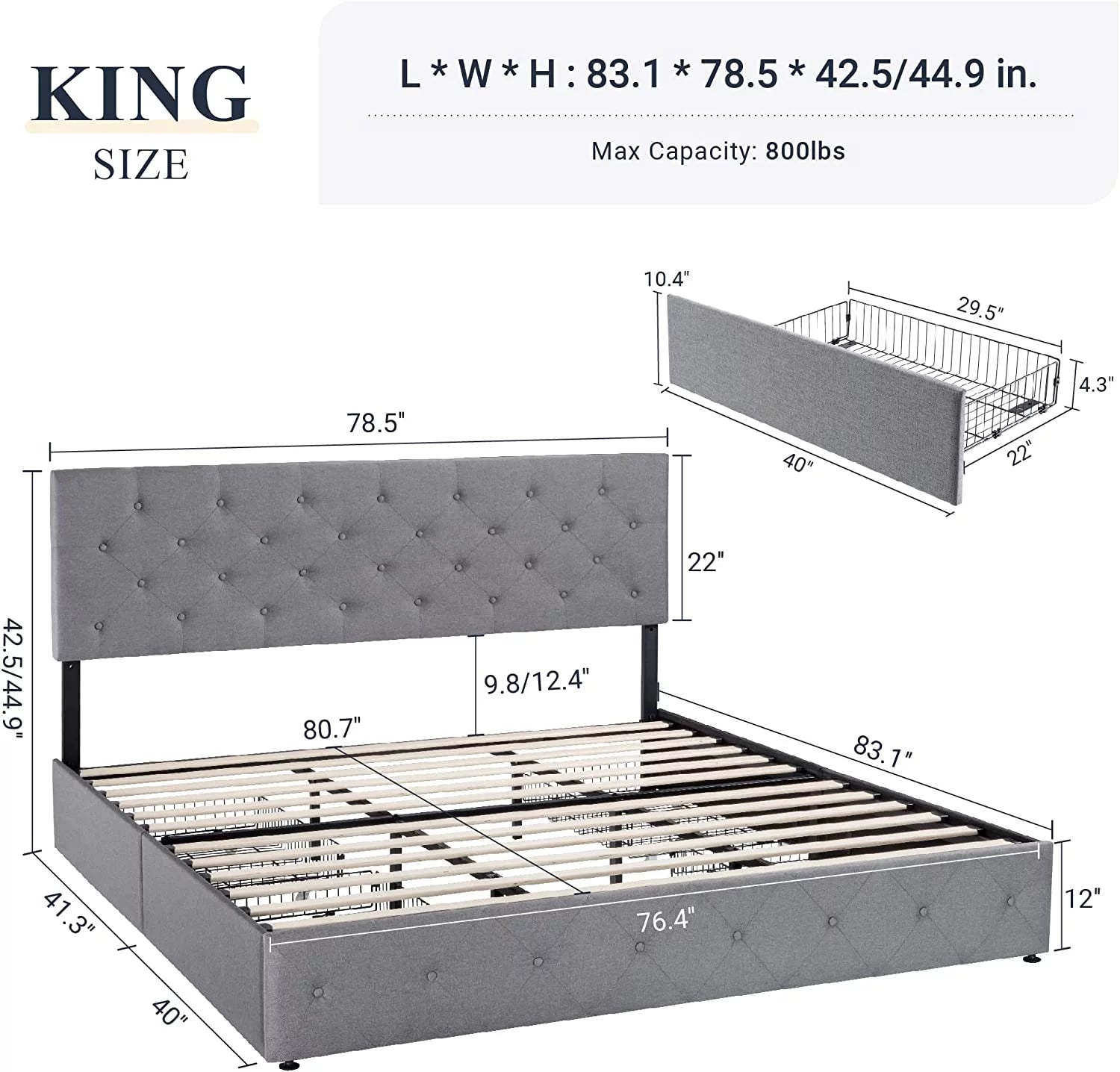 Light Grey King Platform Bed Frame with 4 Drawers Storage and Diamond Stitched Button Tufted Upholstered Headboard