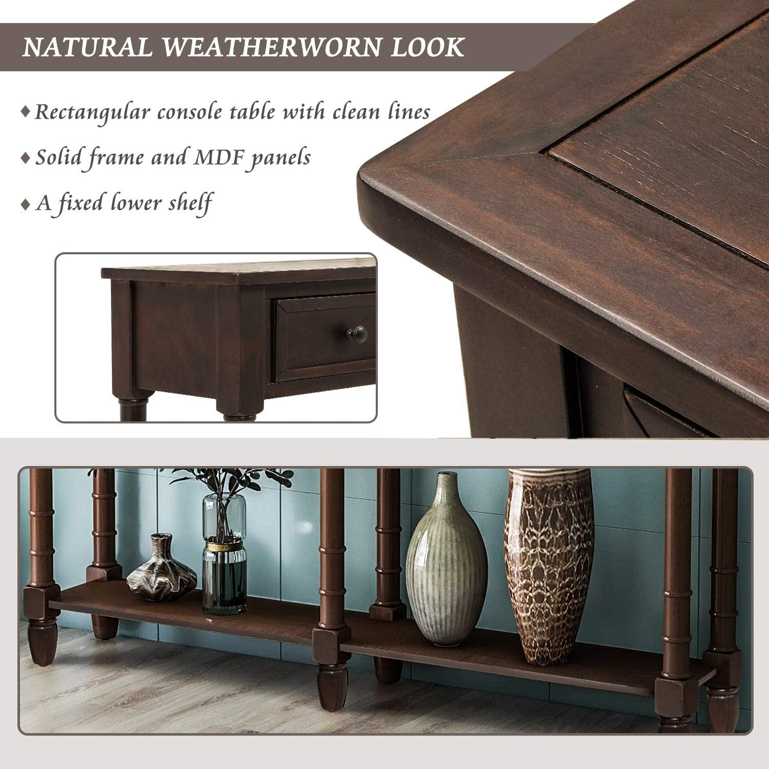 Retro Console Table Sofa Table for Entryway with Drawers and Shelf Living Room Table (Antique Navy)