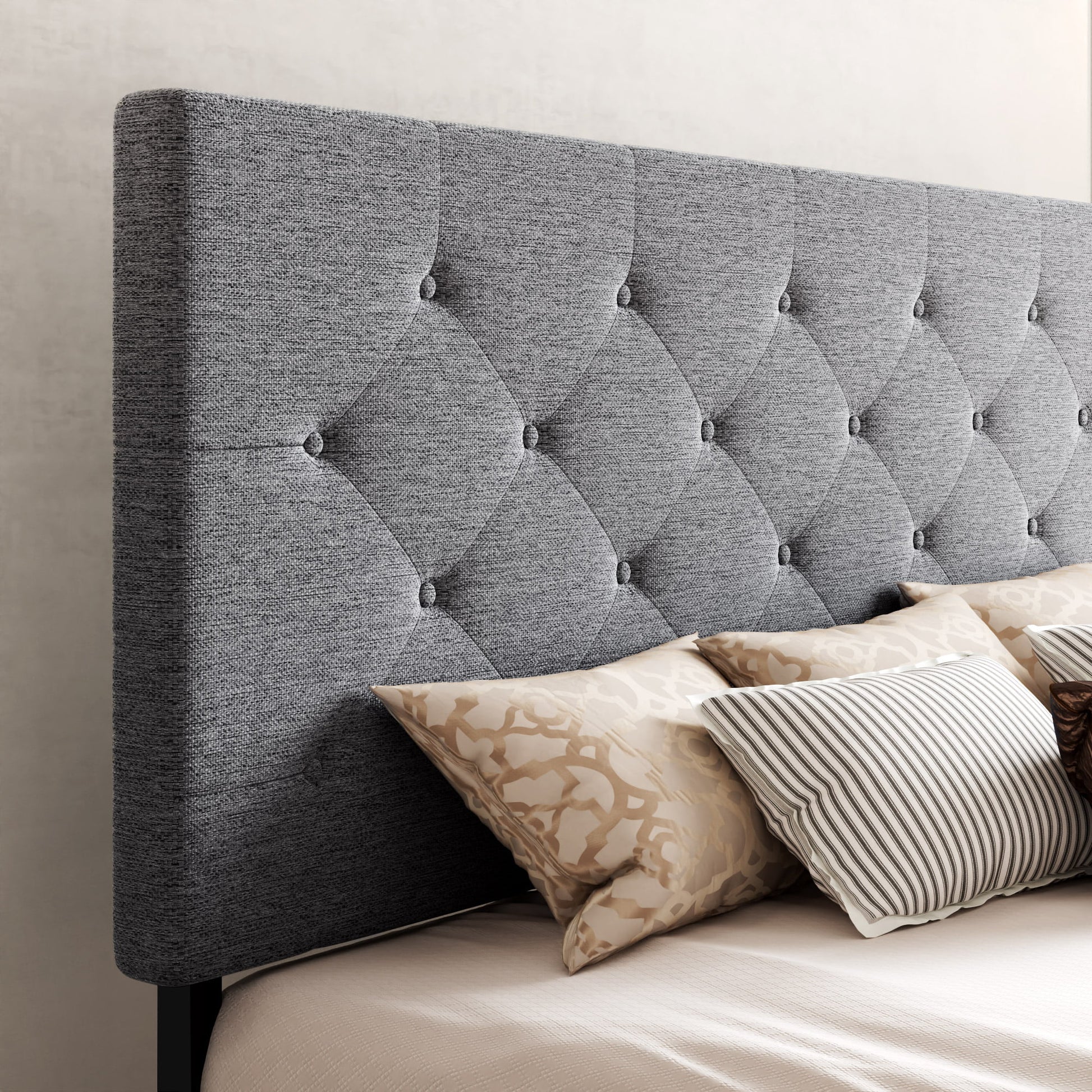 Light Grey King Platform Bed Frame with 4 Drawers Storage and Diamond Stitched Button Tufted Upholstered Headboard