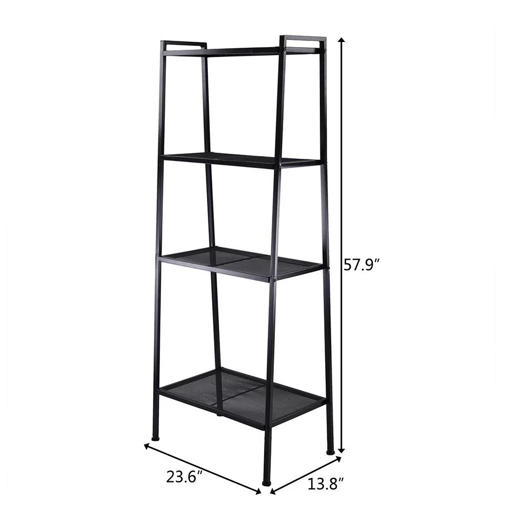 4 Tier Metal Leaning Ladder Shelf Bookcase Bookshelf Storage Shelves Unit Black