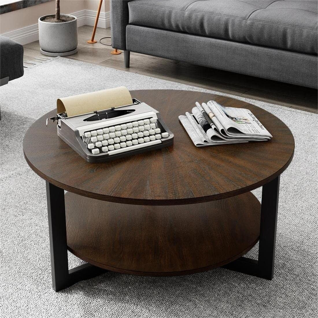 Round Coffee Table with Solid Wood Storage Circle Center Table Rustic Brown Coffee Table Wood N/A Rustic Wood Coffee Tables, End Tables