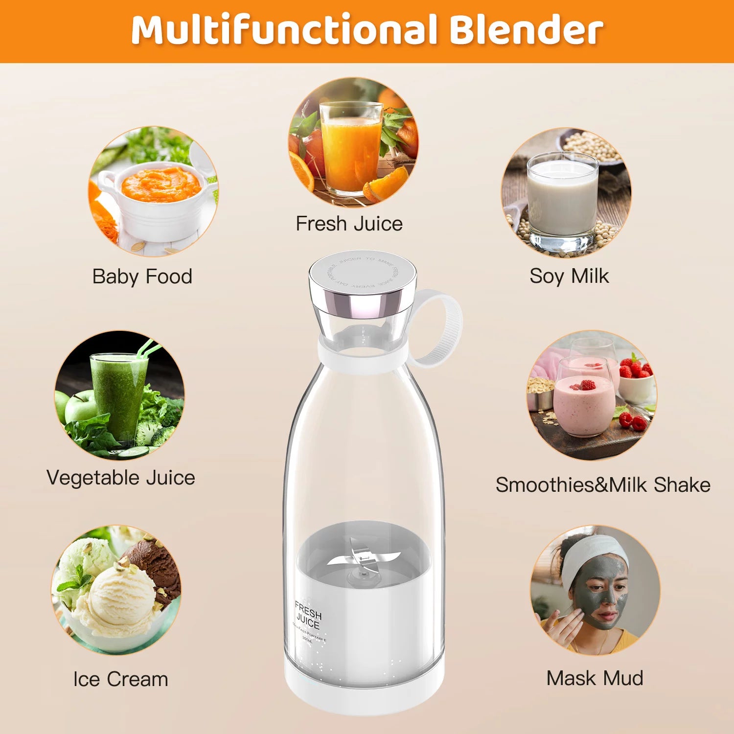 Portable Blender, Electric Blender Bottle Juicer Cup, Personal Blender for Shakes and Smoothies,350Ml