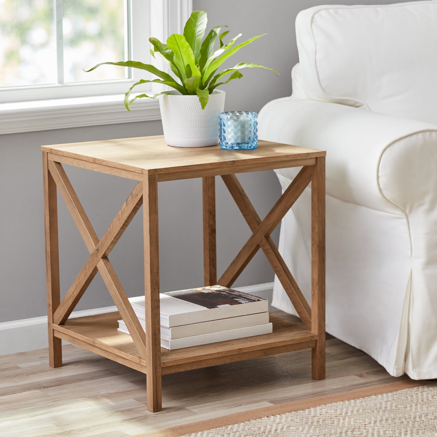 Farmhouse Square Side Table with Storage, Rustic Weathered Oak