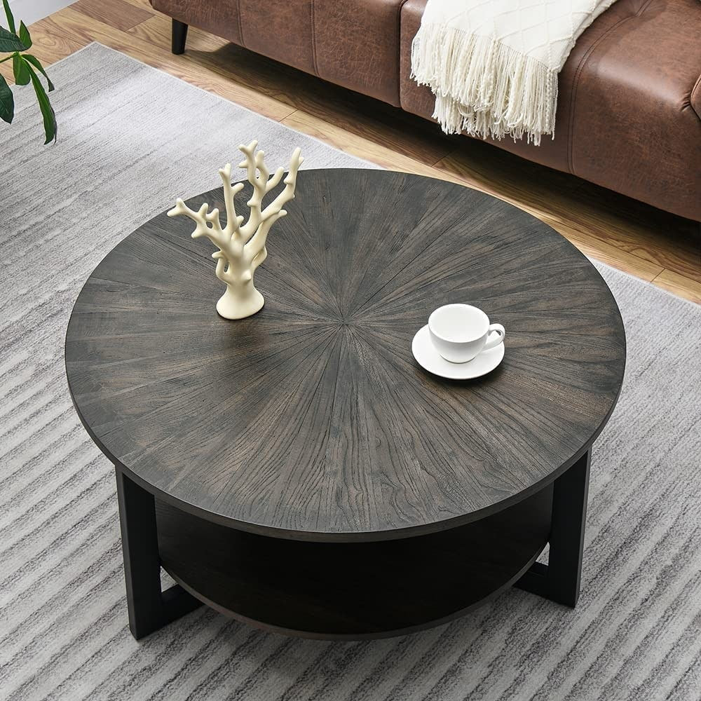 Round Coffee Table with Solid Wood Storage Circle Center Table Rustic Brown Coffee Table Wood N/A Rustic Wood Coffee Tables, End Tables