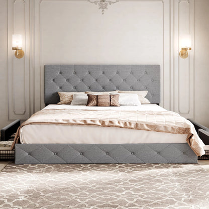 Light Grey King Platform Bed Frame with 4 Drawers Storage and Diamond Stitched Button Tufted Upholstered Headboard