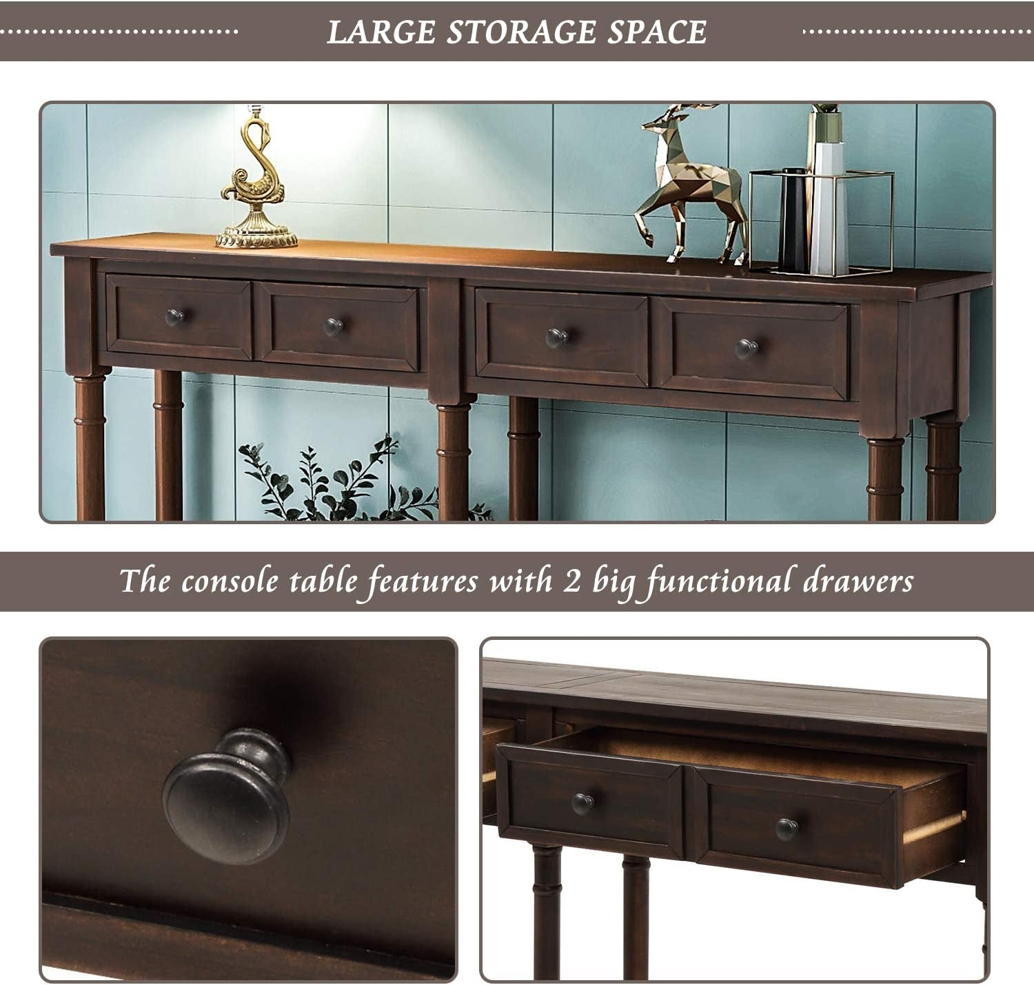 Retro Console Table Sofa Table for Entryway with Drawers and Shelf Living Room Table (Antique Navy)