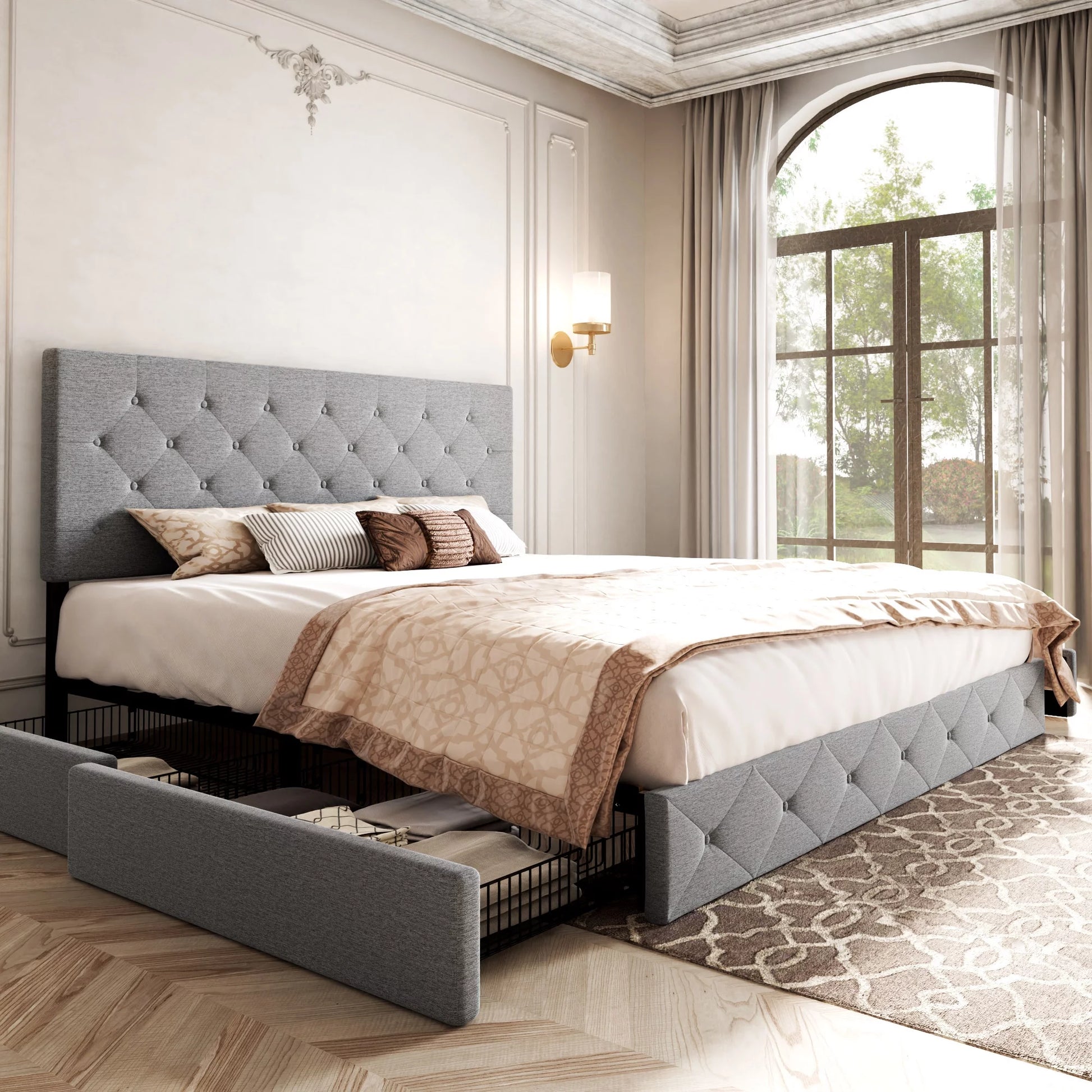 Light Grey King Platform Bed Frame with 4 Drawers Storage and Diamond Stitched Button Tufted Upholstered Headboard