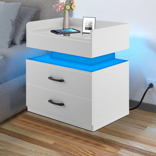 Side Table with Charging Station, Wood Nightstand with Drawers and LED Lights, Bedside Table with Plug Outlets, 2 USB Ports, Modern End Side Table for Bedroom Living Room Office, Black